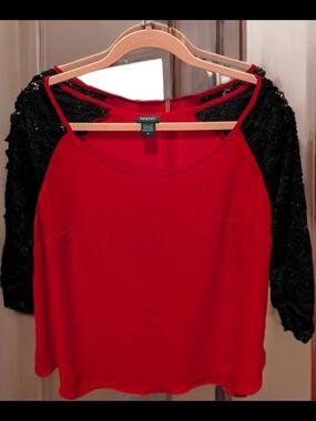 torrid Red Raglan Blouse with Black Lace Sleeves